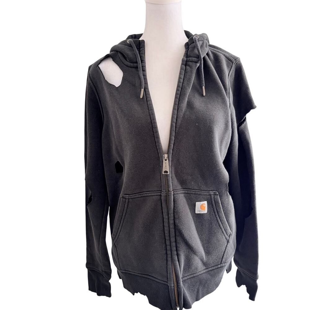 Carhartt Distressed Ripped Black Zip Up Hoodie Size‎ Women's Small Holes Torn